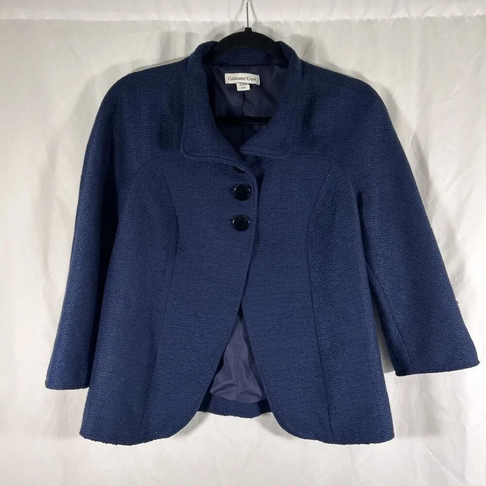 Coldwater Creek Jacket Women's 4-6 Solid Blue 3 Button 3/4 Sleeve Collared